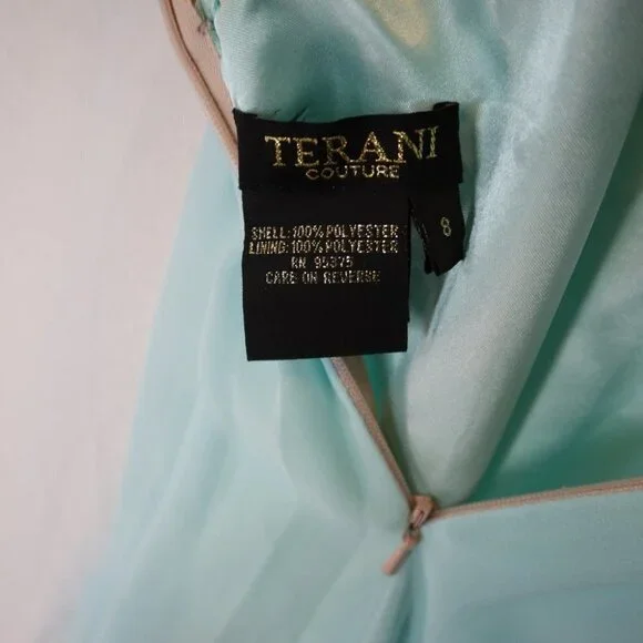 NWT Terani Couture Strapless Blue Gold Jeweled Formal Gown $495